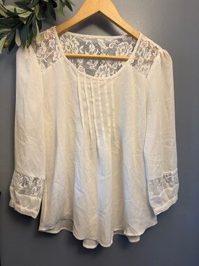 MINE White Lace-Yoke Pintuck Blouse